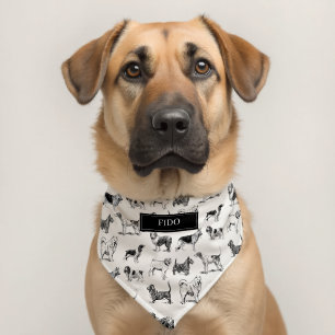 Personalized Black & White Vintage Dogs Pattern Pet Bandana Collar