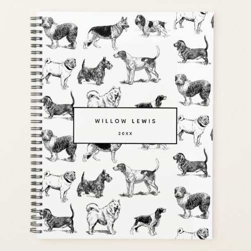 Personalized Black  White Vintage Dogs Pattern Planner