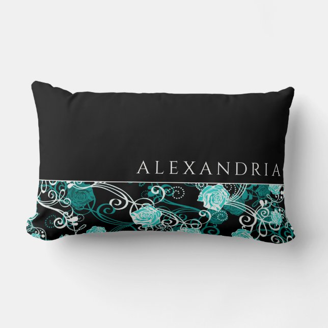 Personalized Black & White with Teal Rose Pattern Lumbar Pillow (Front)