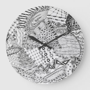 Personalized Black & White Zendoodle Tangle ZIA 01 Large Clock