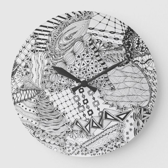 Personalized Black & White Zendoodle Tangle ZIA 01 Large Clock (Front)