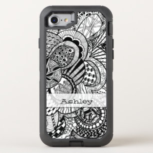 Personalized Black & White Zendoodle Tangle ZIA 08 OtterBox Defender iPhone SE/8/7 Case