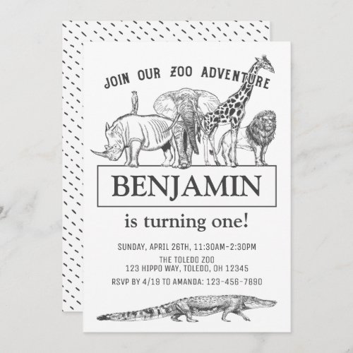 Personalized Black  White Zoo Animals Birthday Invitation