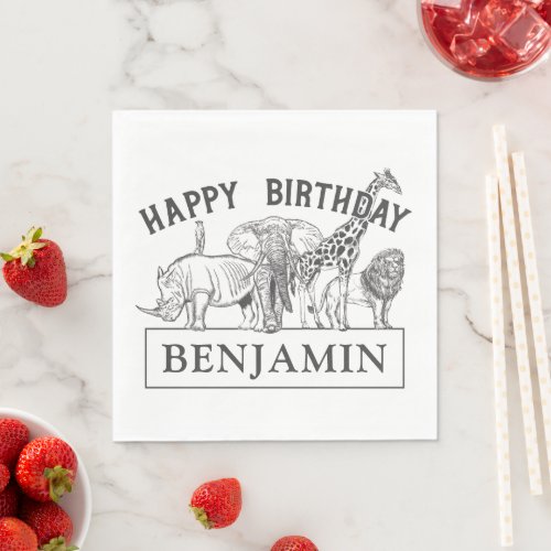 Personalized Black  White Zoo Animals Birthday Napkins