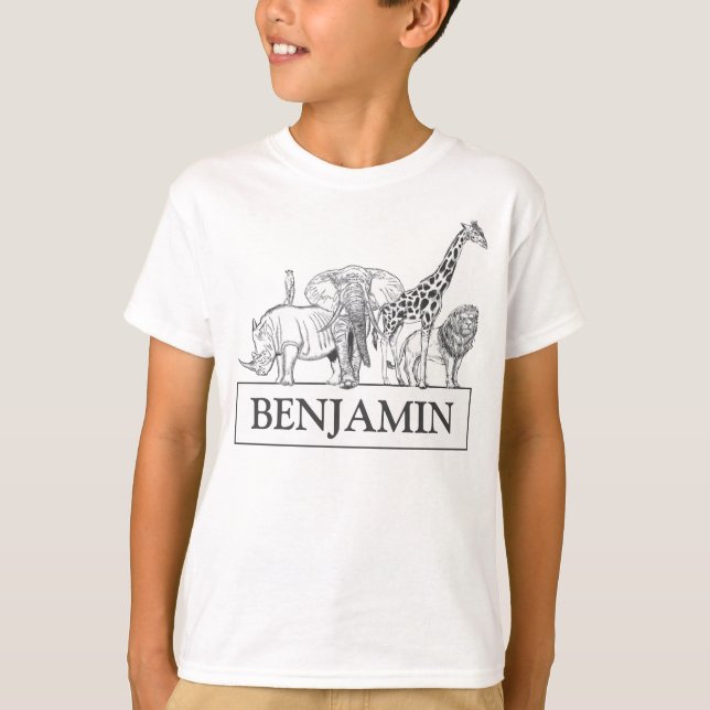 Personalized Black & White Zoo Animals Birthday T-Shirt (Front)