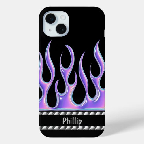 Personalized Black with 3D Purple Flames  Chrome  iPhone 15 Plus Case