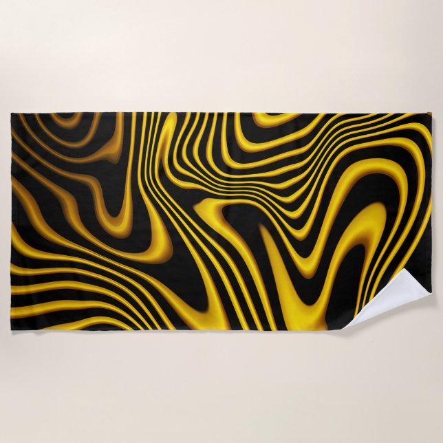 Personalized Black Yellow Gold Swirls Texture Beach Towel (Front)