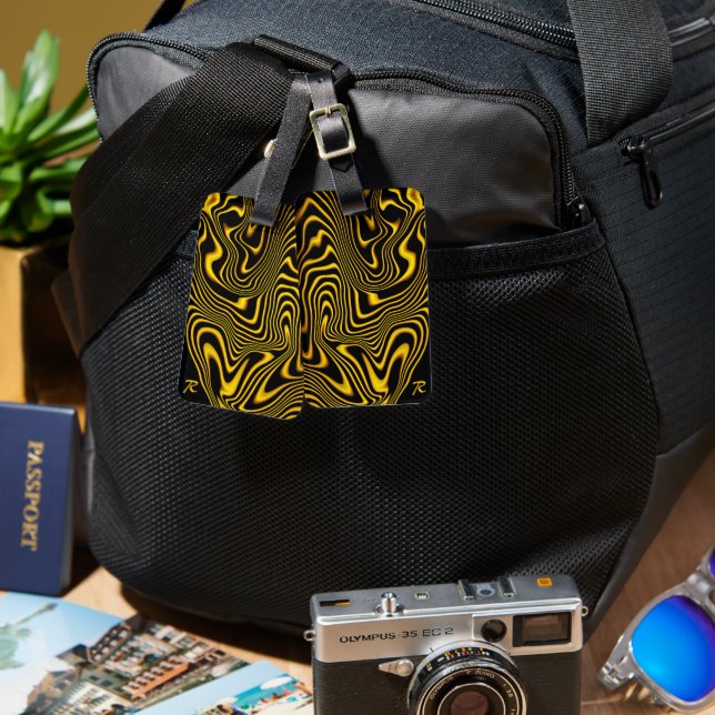 Personalized Black Yellow Gold Swirls Texture Luggage Tag (Front & Back)