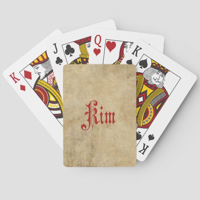 Personalized Blackletter Parchment Kim Red Poker Cards (Back)