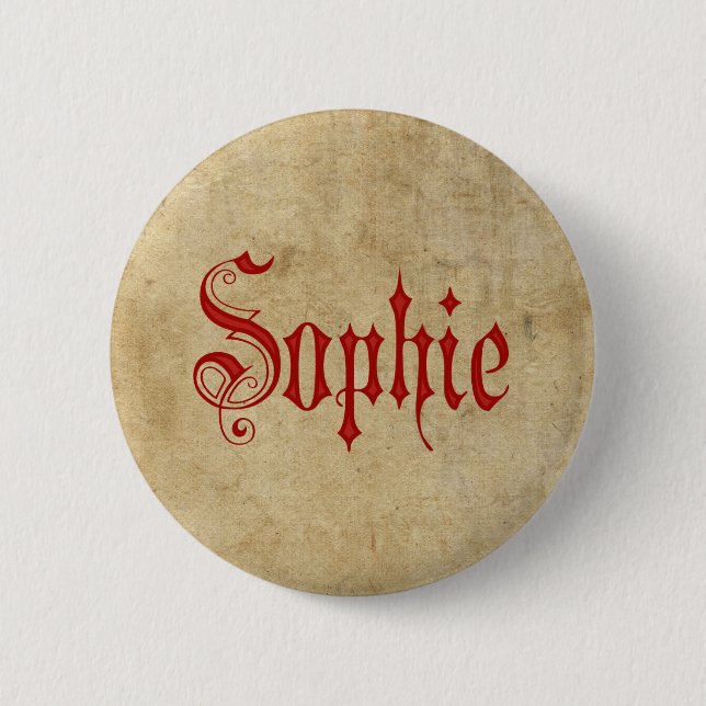 Personalized Blackletter Parchment Sophie Red Pinback Button (Front)