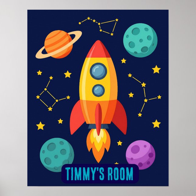 Personalized Blast Off Rocket Ship Space Nursery Poster (Front)
