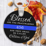 Personalized Blessed Are The Peacemakers Police Keychain<br><div class="desc">Blessed are the Peacemakers, for they shall be called children of God. Personalized Thin Blue Line Keychain for police officers and law enforcement . Personalize with police officer's badge number. This personalized police prayer keychain is perfect for police academy graduation gifts to newly graduated officers, or police retirement gifts and...</div>
