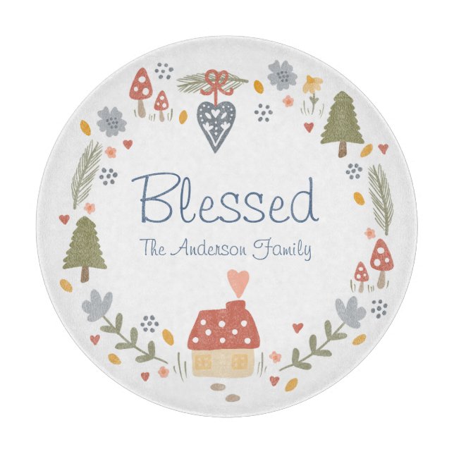 Personalized Blessed Cozy Country Cottage Hygge Cutting Board (Front)