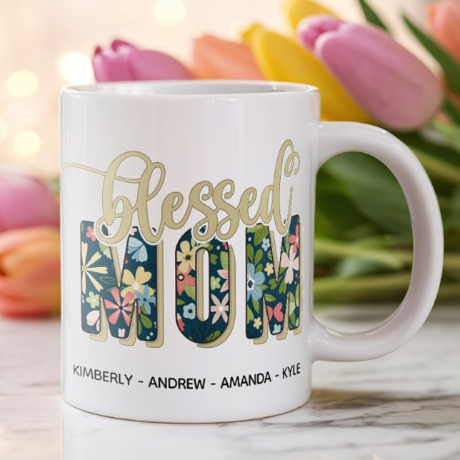 Personalized Blessed Mom Kids' Names Coffee Mug (Personalized Mug for Mom)