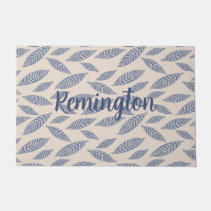 Personalized Block Print Blue Leaves Door Mat
