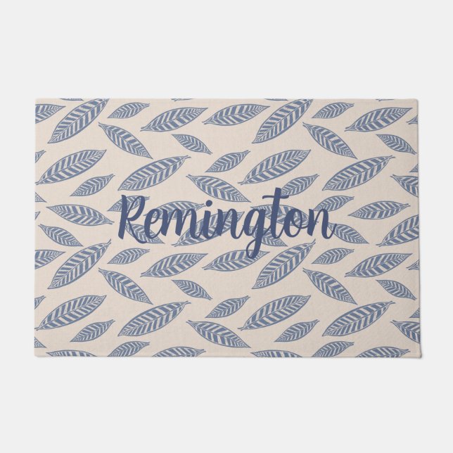 Personalized Block Print Blue Leaves Door Mat (Front)