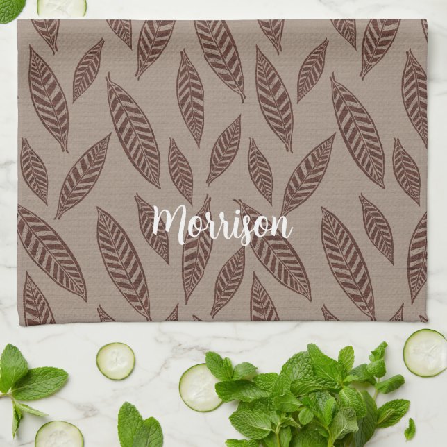 Personalized Block Print Leaves Kitchen Tea Towel (Folded)