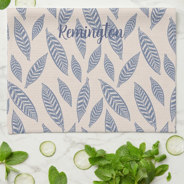 Personalized Block Print Leaves Kitchen Tea Towel (Folded)