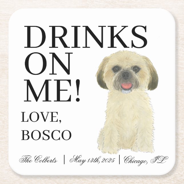 Personalized Blonce Tan Golden Shih Tzu Wedding Square Paper Coaster (Front)