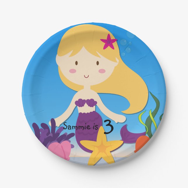 Personalized Blond Mermaid Birthday Paper Plates (Front)