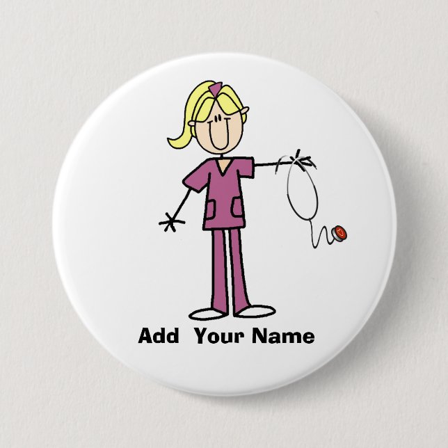 Personalized Blond Stick Figure Nurse  Button (Front)