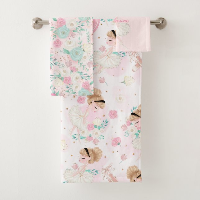Personalized Blonde Ballerina Pink Floral Bath Towel Set (Insitu)