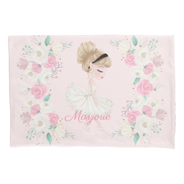 Personalized Blonde Ballerina Pink Floral Pillow Case (Front)