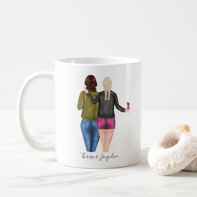 Personalized Blonde Brunette Best Friends Coffee Mug (With Donut)