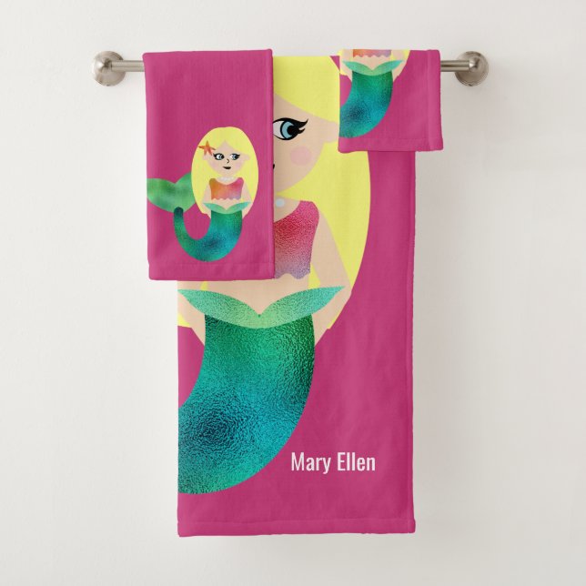 Personalized Blonde Faux Foil Mermaid Kids Cute Bath Towel Set (Insitu)