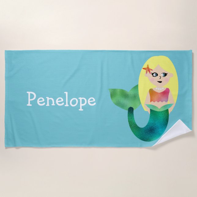 Personalized Blonde Faux Foil Mermaid Pink Girls Beach Towel (Front)