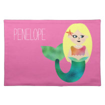 Personalized Blonde Faux Foil Mermaid Pink Girls Placemat