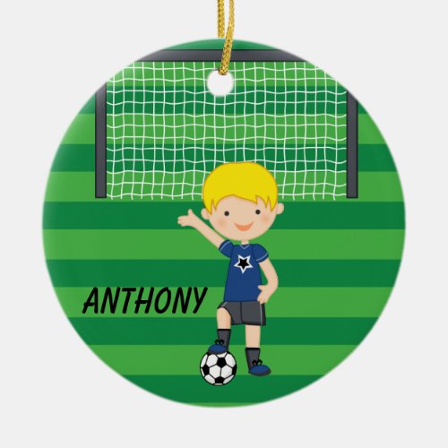 Personalized Blonde Haired Soccer Boy Christmas Ceramic Ornament