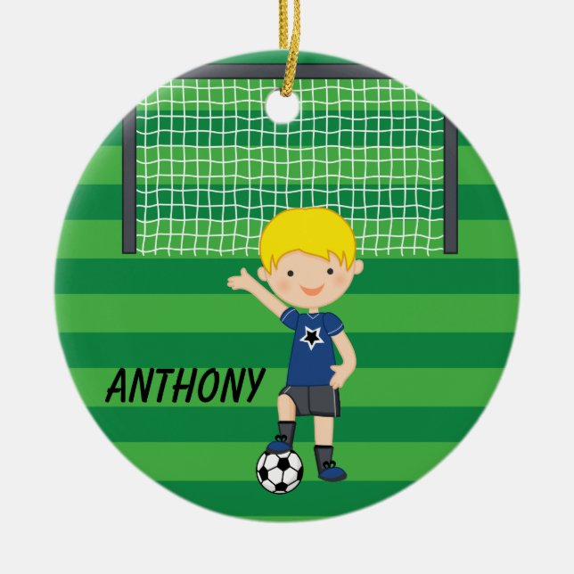 Personalized Blonde Haired Soccer Boy Christmas Ceramic Ornament (Front)