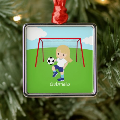Personalized Blonde Haired Soccer Girl Christmas Metal Ornament