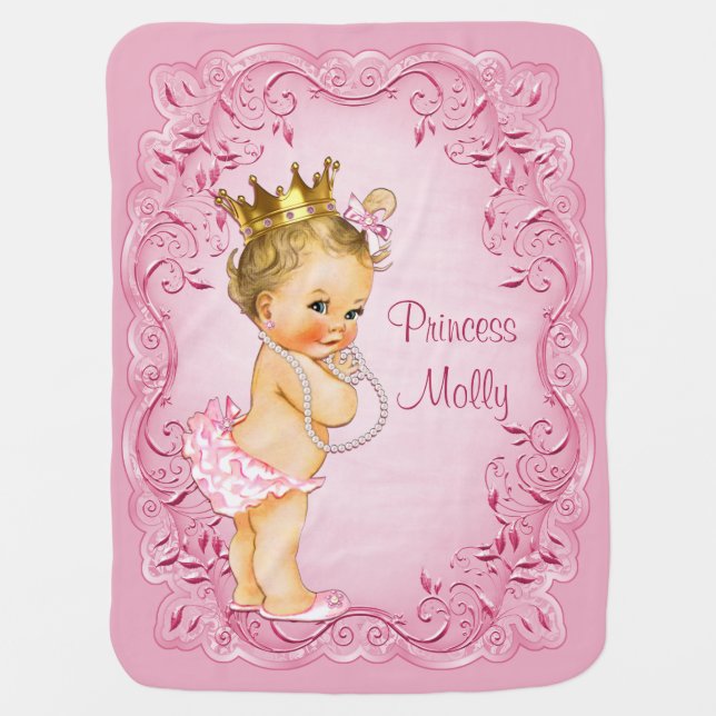 Personalized Blonde Princess Pink Leaves Frame Swaddle Blanket (Front)