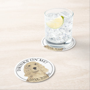 Personalized Blonde Tan Cocker Spaniel Dog Wedding Round Paper Coaster