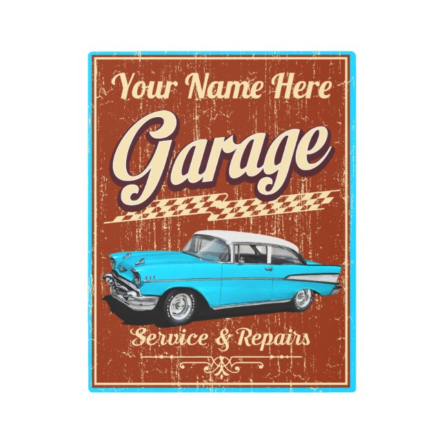 Personalized Blue 57 Chevy Garage Metal Print (Front)