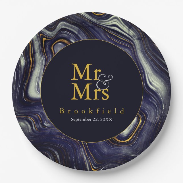 Personalized Blue Agate Wedding Mr Mrs Paper Plates (Front)