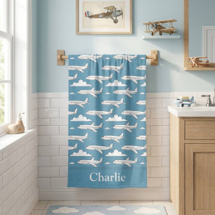 Personalized Blue Airplane Kids Bath Towel