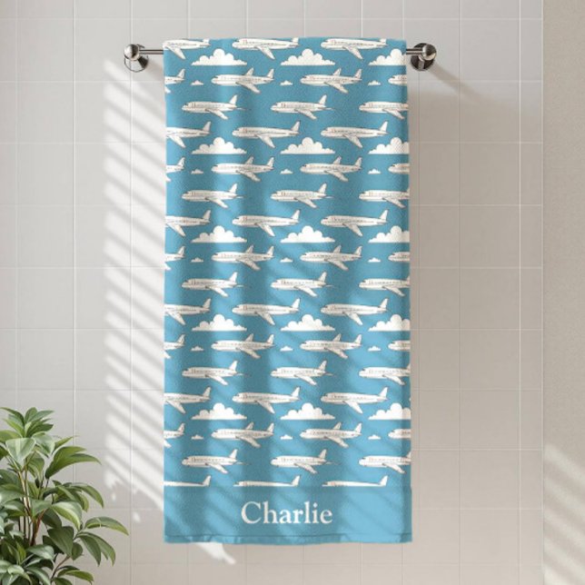 Personalized Blue Airplane Kids Bath Towel (Creator Uploaded)