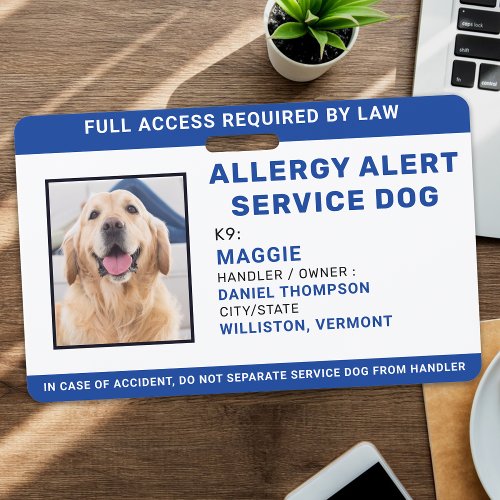 Personalized Blue Allergy Alert Service Dog Photo Badge