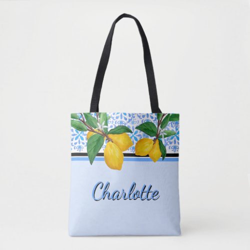 Personalized Blue Amalfi Lemon Tile Tote Bag