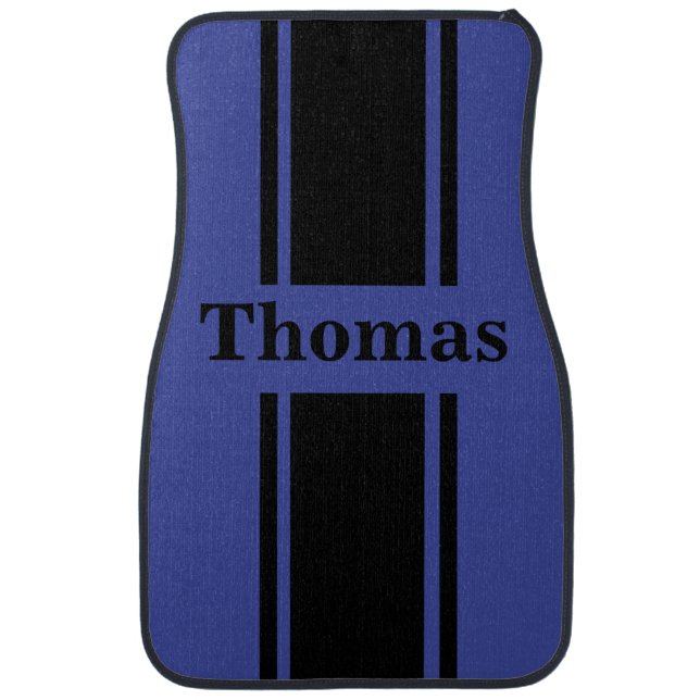 Personalized Blue and Black Race Stripe Car Mat (Front)