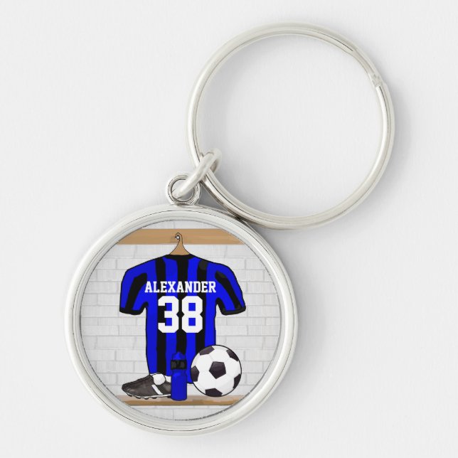 Personalized Blue and Black Striped Soccer Jersey Keychain (Front)