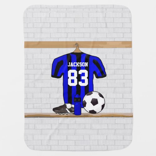 Personalized Blue and Black Striped Soccer Jersey Swaddle Blanket