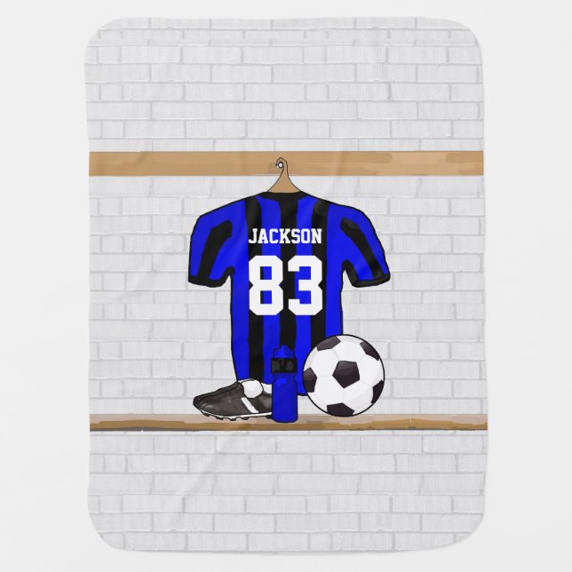 Personalized Blue and Black Striped Soccer Jersey Swaddle Blanket (Front)