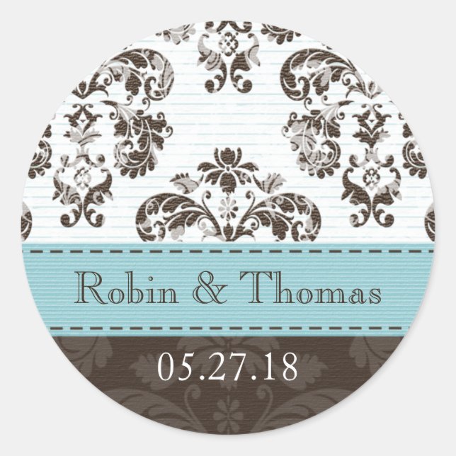 Personalized Blue and Brown Damask Wedding Classic Round Sticker (Front)