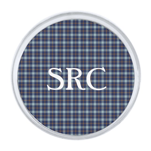 Personalized Blue and Brown Plaid  Silver Finish Lapel Pin (Front)