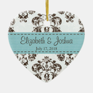 Personalized Blue and Brown Vintage Damask Wedding Ceramic Ornament