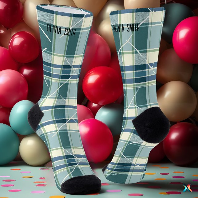 Personalized Blue and Cream Tartan Plaid Custom Socks (Creator Uploaded)